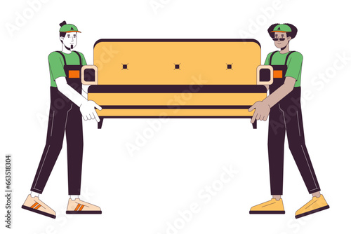 Diverse men furniture movers line cartoon flat illustration. Moving company workers carrying sofa 2D lineart characters isolated on white background. Relocation service scene vector color image