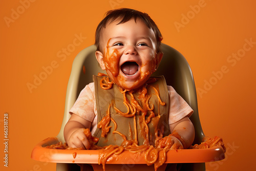 baby meal aftermath - baby laughing with spaghetti sauce mess photo