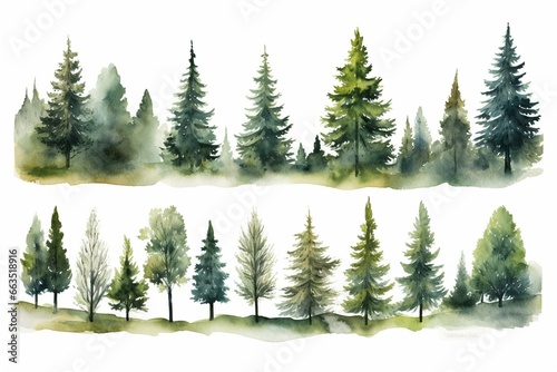 Set of watercolor trees, hilly meadow, pine, spruce, island. Generative AI © Rhea