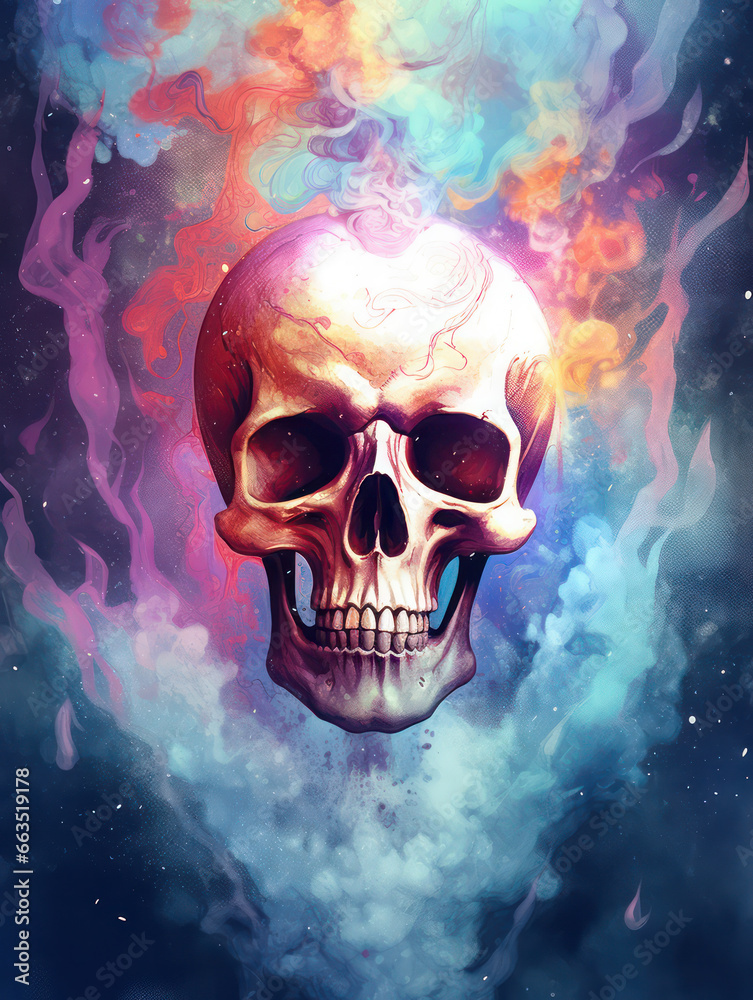 Psychedelic Colorful Skull Painting, Generative AI