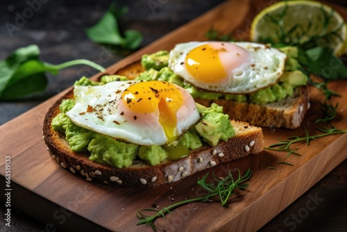 Avocado toast with fried eggs, seasoned with rosemary and pepper, on a wooden board. Generative AI.