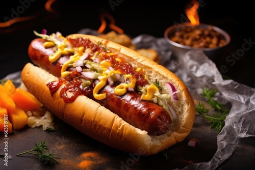 Grilled hot dog with mustard, ketchup, onions, relish, and a side of crinkle-cut fries.