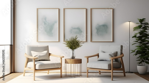 Two armchairs in room with white wall and big frame poster on it. Scandinavian style interior design of modern living room. Created with generative © Prasanth