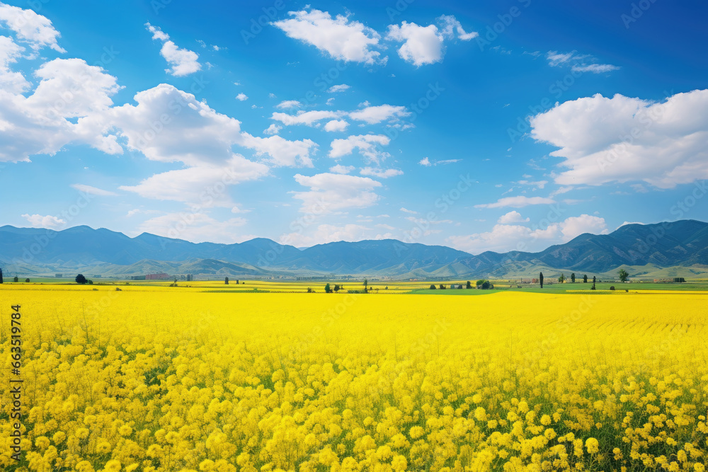 Landscape of beautiful scenery of flowers blooming on the meadow in spring season with sunlight and blue sky background. Horizontal panoramic view of nature grass field.