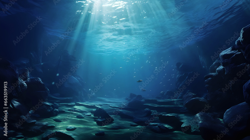 Underwater Scene with Sun Rays. Deep Sea Water Abyss With  Sunlight.