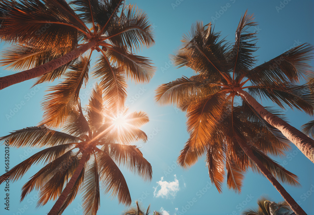Fototapeta premium Blue sky and palm trees view from below, vintage style, tropical beach and summer background, travel concept realistic image