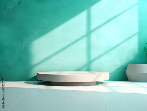Minimalistic mock up background with podium and dark turquoise wall, product presentation concept