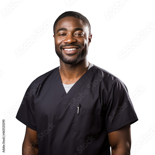 Black male nurse standing up, body view, smiling