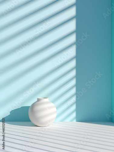 Modern mock up shelf scene on soft turquoise wall, product presentation concept