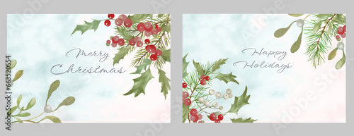 Watercolor  Chrismas  greeting cards set with mistletoe  holly  pine. Hand drawn illustration isolated on white. Vector EPS