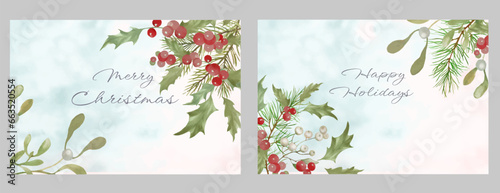 Watercolor  Chrismas  greeting cards set with mistletoe, holly, pine. Hand drawn illustration isolated on white. Vector EPS