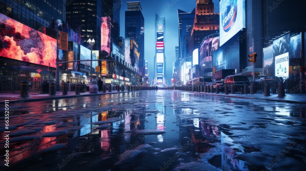 Generative AI image of a photorealistic shot of New York streets at night in the winter - obrazy, fototapety, plakaty 