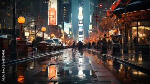 Generative AI image of a photorealistic shot of New York streets at night in the winter