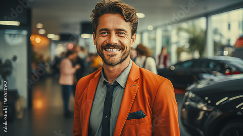 Car salesman smiling pleasantly standing in the sales hall