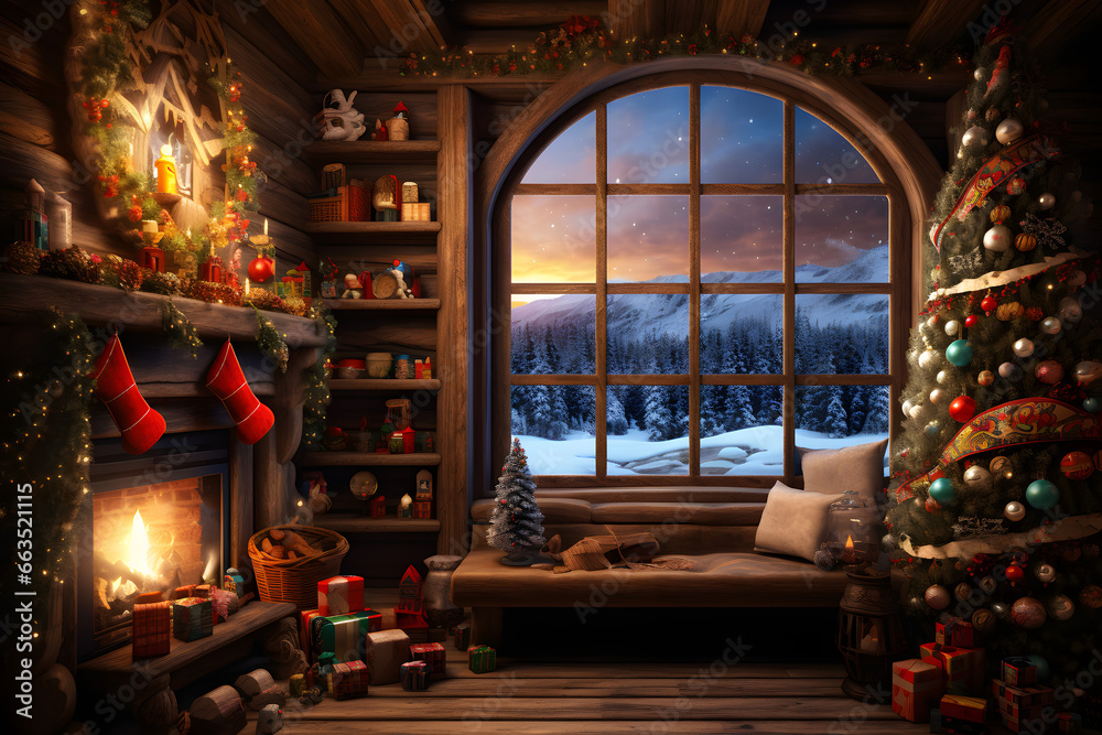 Obraz premium Salón de una cabaña de madera con la chimenea encendida y adornos navideños y árbol de navidad. Ventana con paisaje nevado por la noche