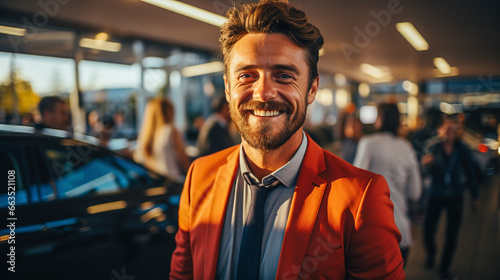 Car salesman smiling pleasantly standing in the sales hall in the evening light © bmf-foto.de