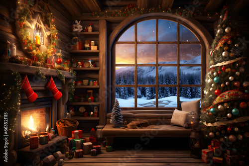 Salón de una cabaña de madera con la chimenea encendida y adornos navideños y árbol de navidad. Ventana con paisaje nevado por la noche