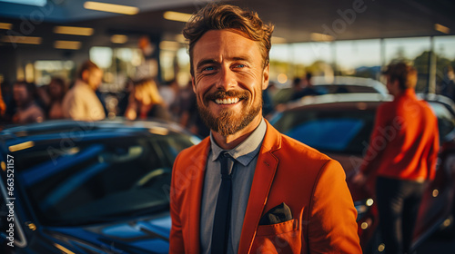 Car salesman smiling pleasantly standing in the sales hall in the evening light photo