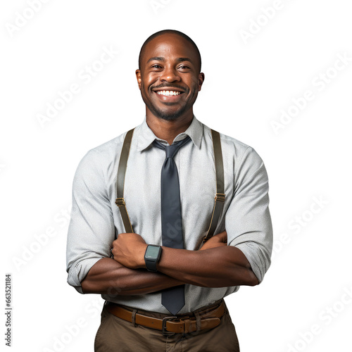 Black male teacher standing up, body view, smiling