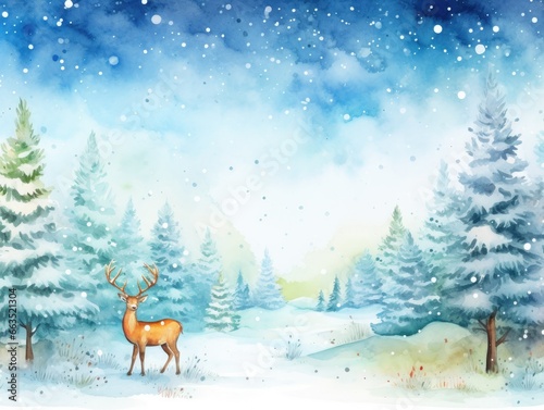 Watercolor illustration of Christmas card of a deer in the woods