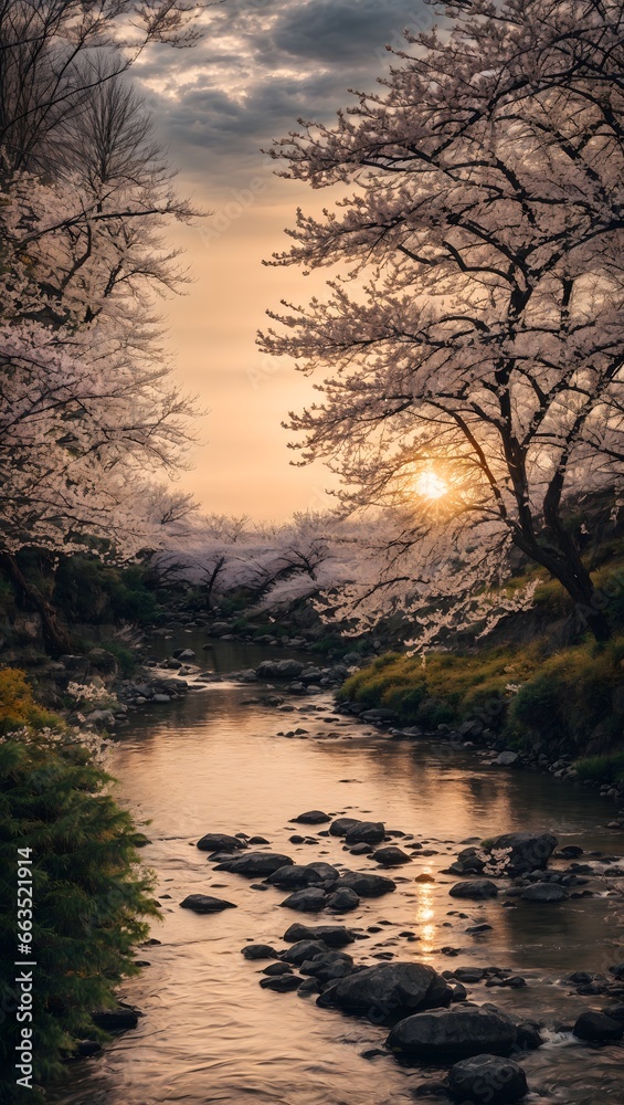 Sunset Scene With A River And Spring Trees Portrait Sunset Background Landscape Wallpaper AI Generative