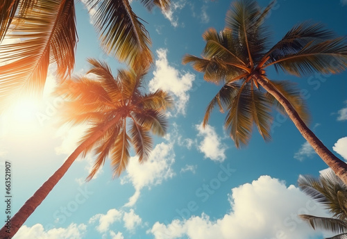  Blue sky and palm trees view from below, vintage style, tropical beach and summer background, travel concept realistic image © Masooma Fatima