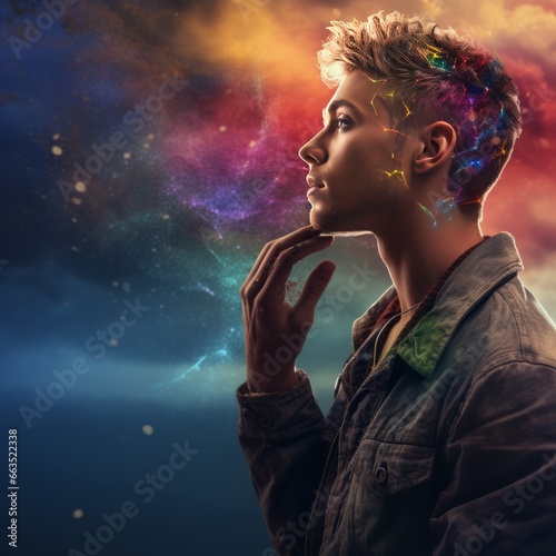 Reflective Enby Person with a Rainbow Halo, Lost in Thought and Self-Discovery