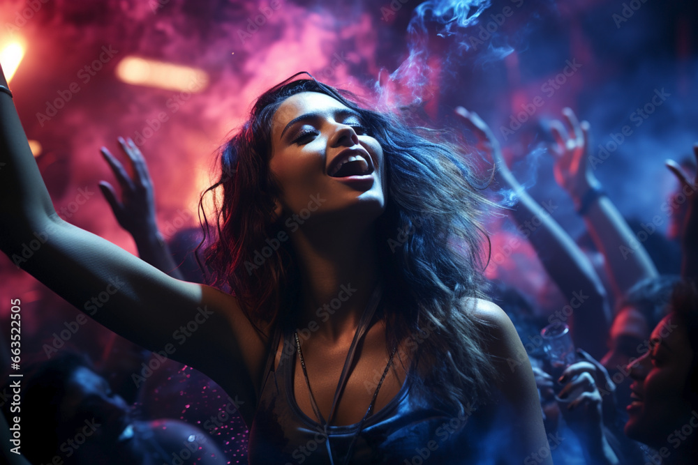 happy people dancing in the night club in neon light happy people dancing in the night club in neon light