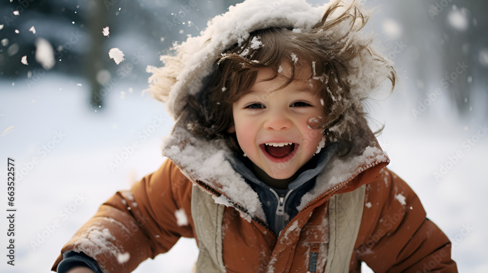 happy beautiful kid in winter clothes enjoying snowy weather, happy beautiful kid in winter clothes enjoying snowy weather,