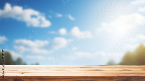 summer background with blue sky and green plants bokeh and wooden ground