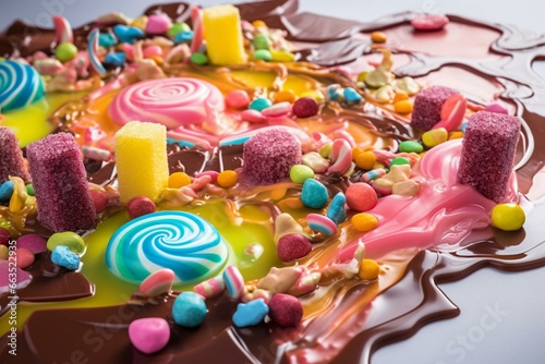 Melting candyland with sweet treats like gummies, lollipops, chocolates, gumdrops, licorices, mints, nougats. Generative AI