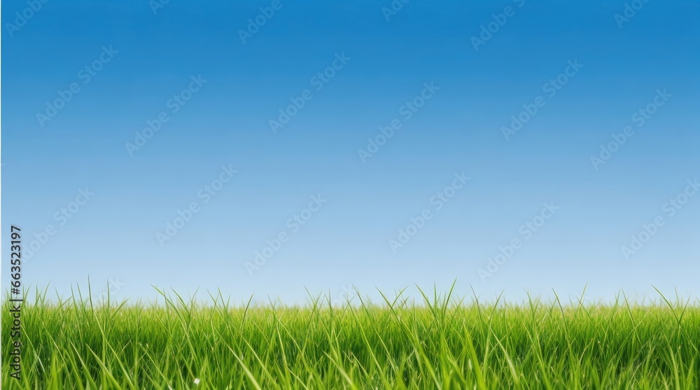 A Panoramic View of Lush Green Grass Beneath a Clear Blue Sky, Capturing the Essence of Refreshing Spring Nature. A Panoramic View of Lush Green Grass Beneath a Clear Blue Sky, Capturing the Essence of Refreshing Spring Nature.
