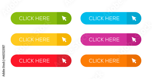 Click here button with arrow pointer clicking icon. Click here vector web button.