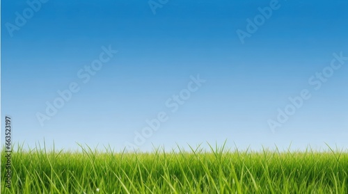 A Panoramic View of Lush Green Grass Beneath a Clear Blue Sky, Capturing the Essence of Refreshing Spring Nature.
