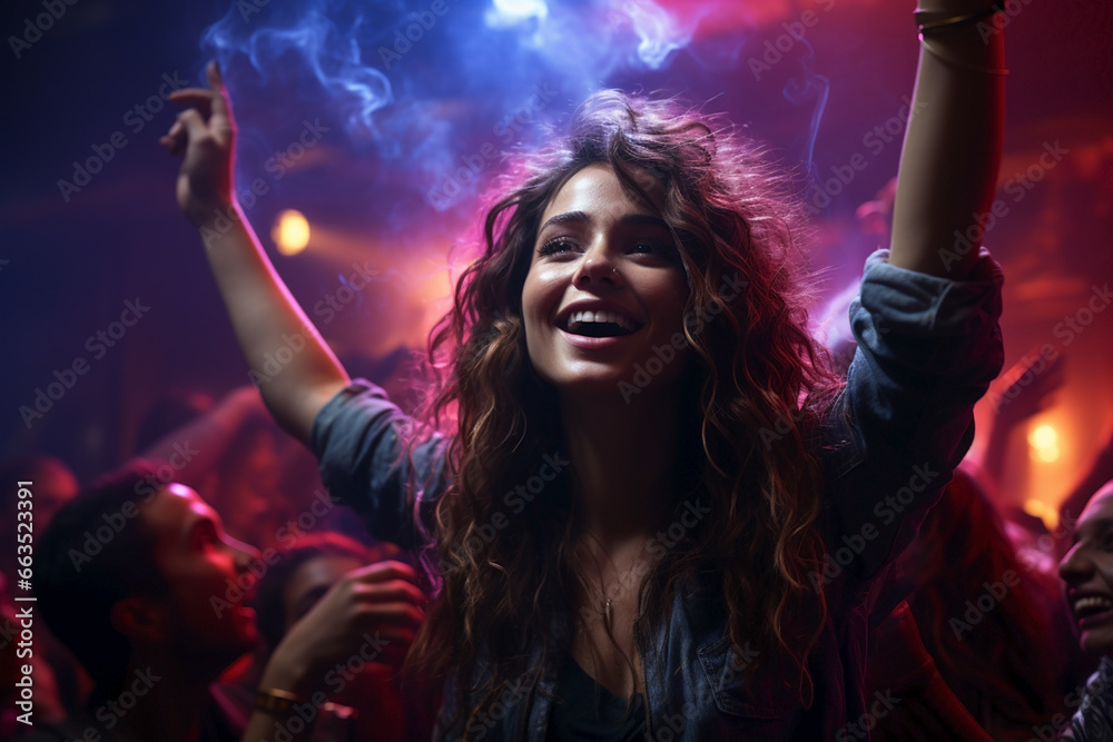 happy people dancing in the night club in neon light happy people dancing in the night club in neon light