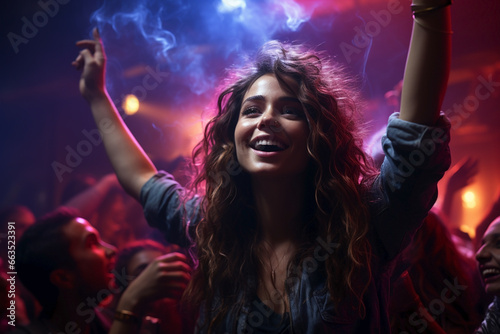 happy people dancing in the night club in neon light © Наталья Добровольска