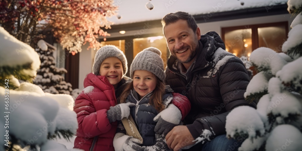 Winter Wonderland: A Happy Family Bonds Over Snowman Building in the Snowy Garden of Their Modern House, Embracing the Magic of Snowy Winter Delights
