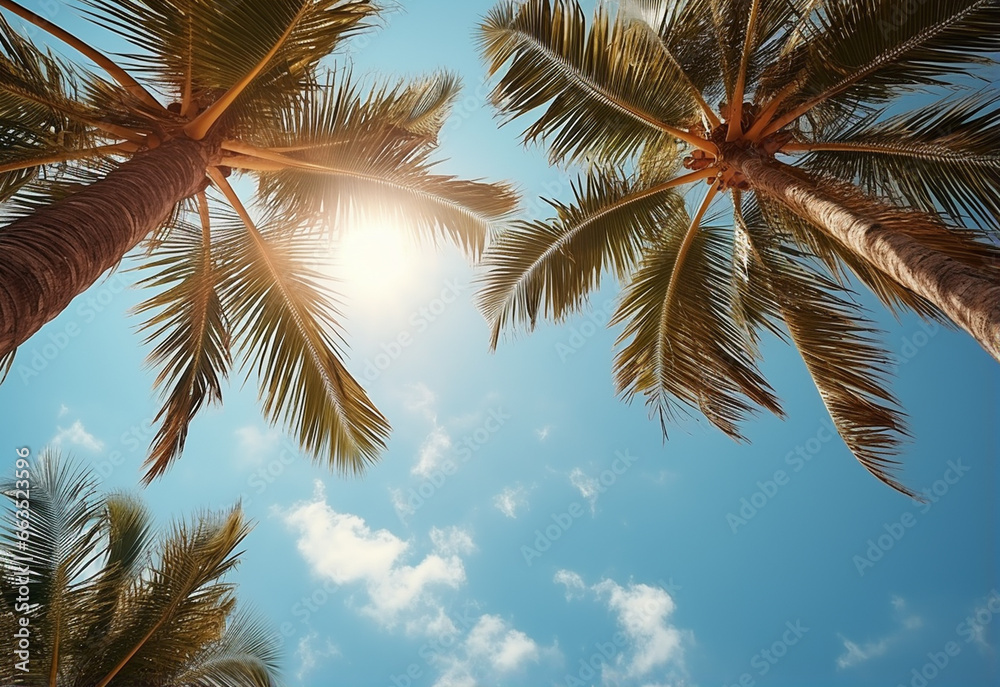 Fototapeta premium Blue sky and palm trees view from below, vintage style, tropical beach and summer background, travel concept realistic image