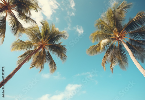  Blue sky and palm trees view from below, vintage style, tropical beach and summer background, travel concept realistic image