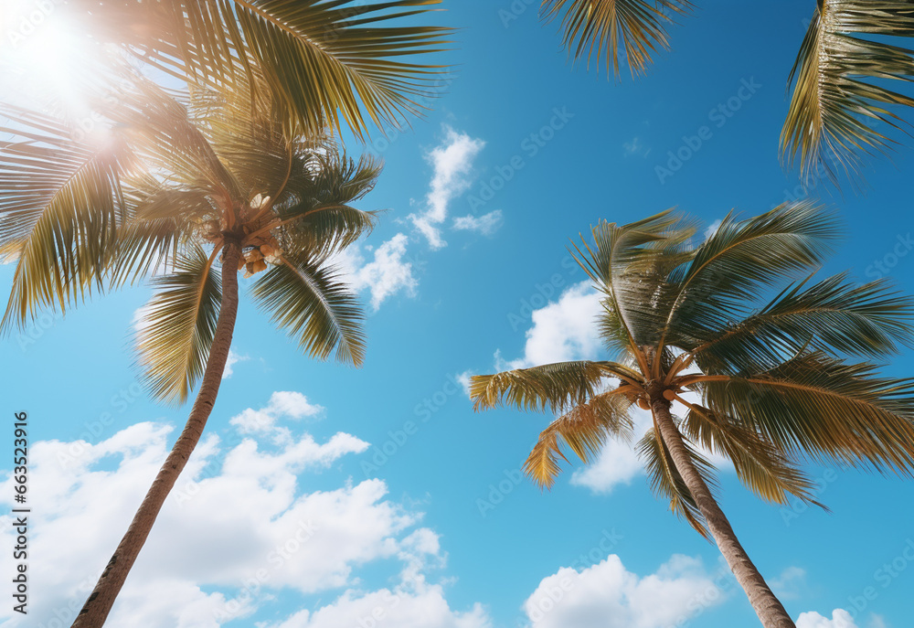 Fototapeta premium Blue sky and palm trees view from below, vintage style, tropical beach and summer background, travel concept realistic image
