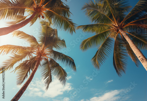  Blue sky and palm trees view from below  vintage style  tropical beach and summer background  travel concept realistic image