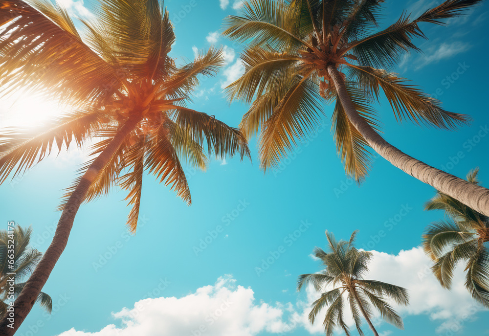 Fototapeta premium Blue sky and palm trees view from below, vintage style, tropical beach and summer background, travel concept realistic image