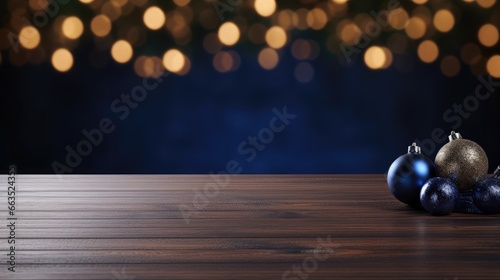 An empty wooden surface for product presentation with Christmas decorations in the background. Mock up © masyastadnikova