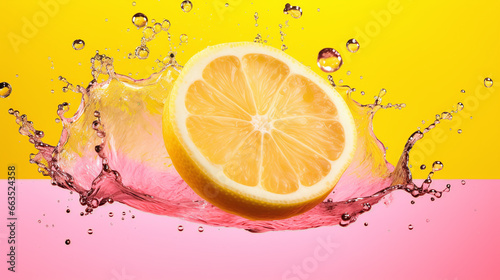 watersplash with fresh lemon slice against pink background