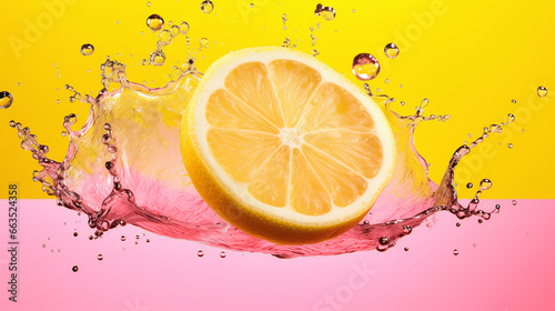 watersplash with fresh lemon slice against  pink background photo