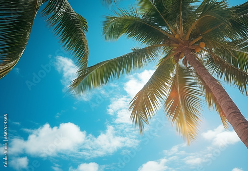  Blue sky and palm trees view from below, vintage style, tropical beach and summer background, travel concept realistic image © Masooma Fatima