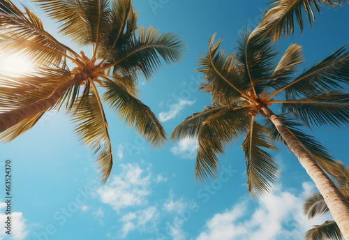  Blue sky and palm trees view from below, vintage style, tropical beach and summer background, travel concept realistic image