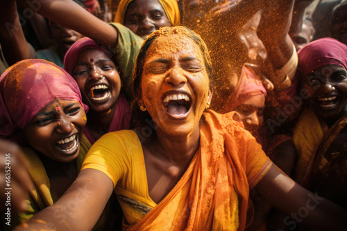 Indian holiday Holi. women of indian ethnicity sprinkled with coloring