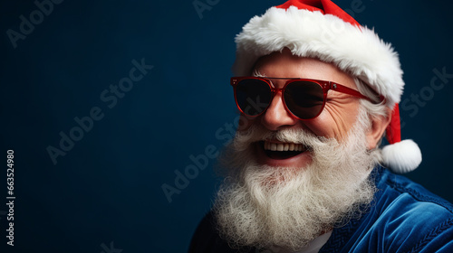 Santa claus smiling with hat and sunglasses against a blue background, Generative AI