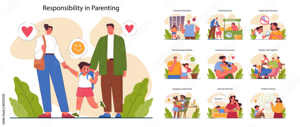 Positive parenting set. Nurturing of your child's responsibility. Kid learning Positive parenting set. Nurturing of your child's responsibility. Kid learning